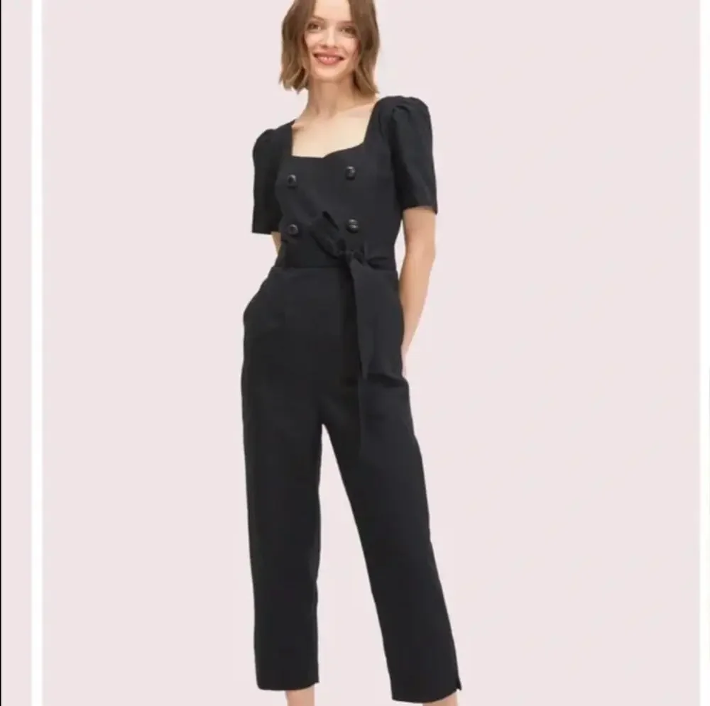 Kate Spade Jumpsuit Womens 8 Black Twill Double Breasted Puff Sleeve Square Neck